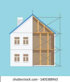 Building construction, logs indoor, windows and chimney, half built house, engineering occupation, interior and exterior, architecture technology vector