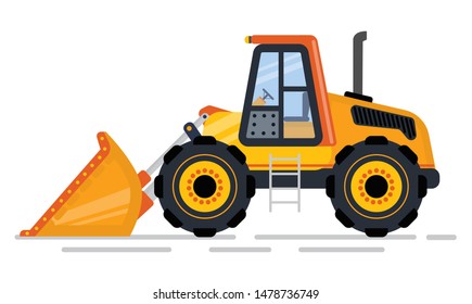 Building and construction machinery in industry vector, isolated tractor. Machine with shovel, loader and mower bulldozer or excavator flat style