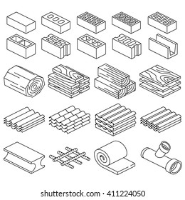 Building Construction Materials. 3D Isometric Icons. Material Iron Construction, Roof Material For Construction, Construction  Supplies. Vector Illustration