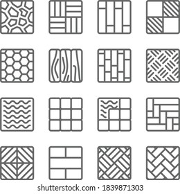 building construction materials icon illustration vector set. Contains such icon as Pattern, parquet, floor, wood, tile, brick, paver and more. Expanded Stroke