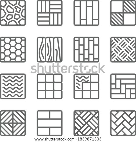 building construction materials icon illustration vector set. Contains such icon as Pattern, parquet, floor, wood, tile, brick, paver and more. Expanded Stroke