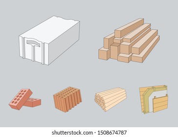 Building construction materials Icons set - Vector color symbols of block, aerocrete, concrete, wall, brick and wood for the site or interface