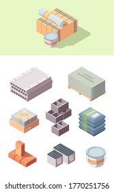 Building construction materials isometric set. Bobbin linoleum bucket glue box tiles concrete blocks gray cinder packaging cement bags wooden board red brick gypsum plasterboard. Vector cartoon style