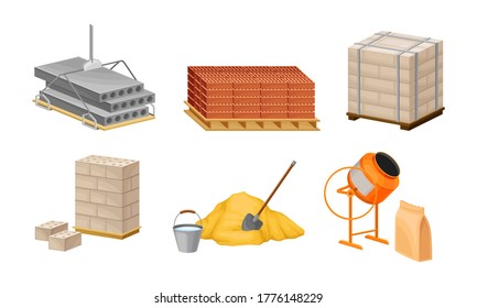 Building and Construction Materials Like Cement and Bricks Vector Set