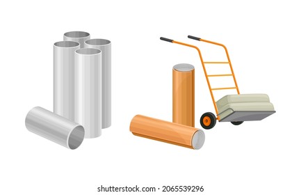 Material de construcción. Pipes metálicas, ilustración del vector del carro