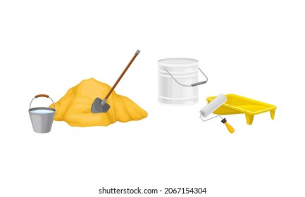 Material de construcción. Pila de arena, ilustración vectorial de cubo de pintura