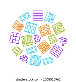Building Construction Materials Signs Thin Round Design Template Ad Include of Metal, Brick and Tile. Vector illustration of Icons
