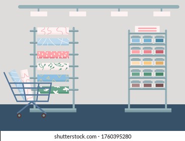 Building construction materials store flat color vector illustration. Home renovation goods. Industrial shop 2D cartoon interior with wallpapers rolls and paint stand on background