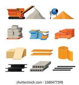 Building And Construction Materials And Truck Isolated Icons Vector. Brick And Cement, Sand And Stone, Gravel And Metal. Concrete And Wood, Drills And Chipboard, Steel Blocks And Insulation Roll