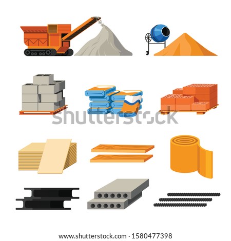 Building and construction materials and truck isolated icons vector. Brick and cement, sand and stone, gravel and metal. Concrete and wood, drills and chipboard, steel blocks and insulation roll