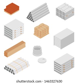 Building and construction materials vector icon set isometric view isolated on white background. 