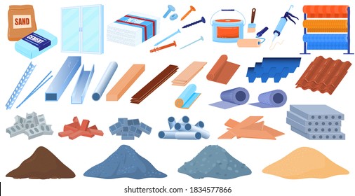 Building construction materials vector illustration set. Cartoon flat constructing industry collection with pile of cement sand brick gravel, industrial concrete slabs, builder tools isolated on white