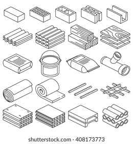 Building and construction materials vector linear icons. Construction building material, cement material and brick material illustration