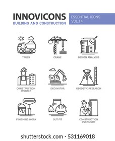 Building and construction - modern vector oil industry flat design icons. Truck, crane, analysis, worker, excavator, geodetic research, finishing work, outfit, oversight