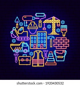 Concepto de Neón de Construcción. Ilustración vectorial de la promoción industrial.