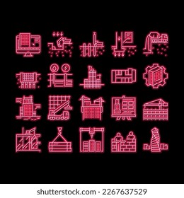 Building Construction neon light sign vector. Excavation And Footing Reinforcement, Columns Casting And Windows Installation, Building Process Illustrations