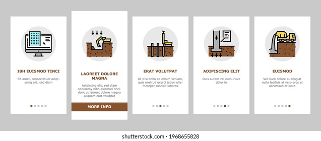 Building Construction Onboarding Mobile App Page Screen Vector. Excavation And Footing Reinforcement, Columns Casting And Windows Installation, Building Process Illustrations