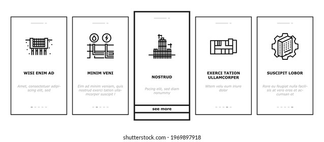 Building Construction Onboarding Mobile App Page Screen Vector. Excavation And Footing Reinforcement, Columns Casting And Windows Installation, Building Process Illustrations