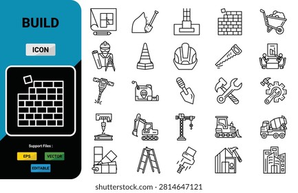 Building Construction Outline Icons Set.Blueprint, Masonry, Foundation, Safety, Tools, Machinery, Building, Construction, Engineering, Architecture. Editable Stroke Vector Icons