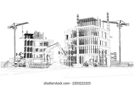Building construction plan facades with machinery architectural sketch .Vector illustration