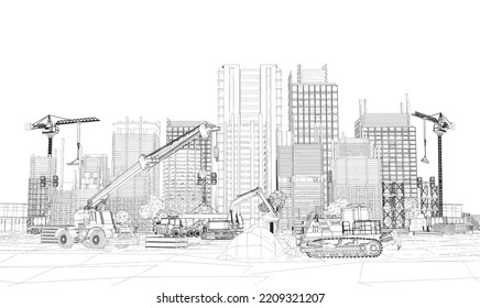 Building construction plan facades with machinery architectural sketch .Vector illustration svg