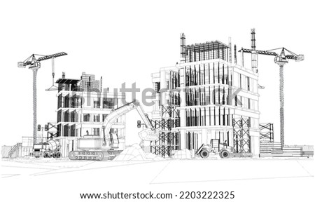 Building construction plan facades with machinery architectural sketch .Vector illustration Foto stock © 