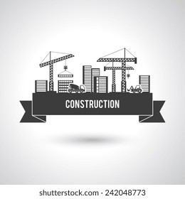 Building construction poster with cranes trucks and skyscrapers vector illustration