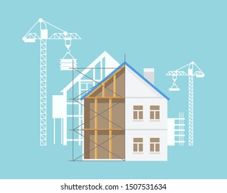 Proceso de construcción de edificios, grúa y equipo especial, maquinaria para la construcción de nuevas fincas y lugares de construcción, ladrillos y paredes. Ilustración vectorial al estilo de las caricaturas planas