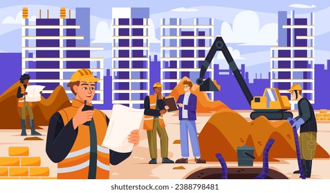 Building construction process. Male builders and surveyors engineers in uniform build houses using construction equipment and machines. Creation of urban building. Cartoon flat vector illustration