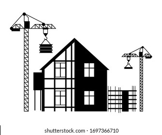 Building construction in progress vector, crane made of metal details monochrome estates and equipments. Machinery and helping tools flat style isolated