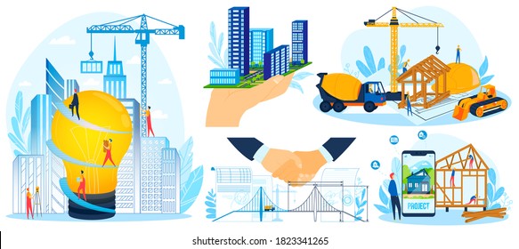 Building construction project design vector illustration set. Cartoon flat tiny worker builder people construct and build modern house, engineer character designing city architecture isolated on white