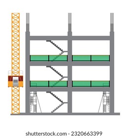 Building construction project vector illustration with fall prevention facility installation, scaffolding, and passenger hoist.