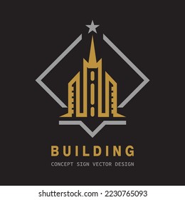 Building construction real estate concept logo template. Property management city town symbol. Abstract design sign. Skyscrapers icon. Vector illustration.