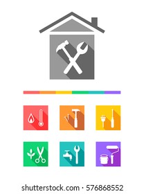 Building as construction and repair concept. Work tool icons set in flat design.