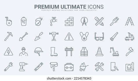 Building construction and repair equipment and tools thin line icons set vector illustration. Outline builder in helmet, protection boots, roulette level and crane, electricity and brickwork symbols