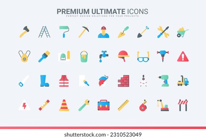 Building construction and repair equipment and tools trendy flat color icons. Builder in helmet, protection boots, roulette level and crane, electricity brickwork symbols vector illustration.