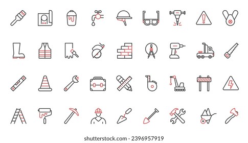 Building construction and repair trendy red black thin line equipment and tools icons set. Builder in helmet, protection boots, roulette level, crane, electricity brickwork symbols vector illustration