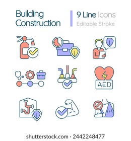 Building construction RGB color icons set. Workplace safety. Occupational health. Isolated vector illustrations. Simple filled line drawings collection. Editable stroke. Quicksand-Light font used