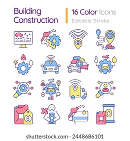 Building construction RGB color icons set. Urban mobility, essential services. City infrastructure. Isolated vector illustrations. Simple filled line drawings collection. Editable stroke