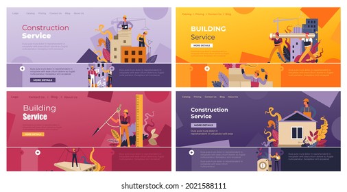 Building, construction service concept, web page vector illustration. Cartoon people man worker team build house, landing banner set. Industry business, professional engineering template page.