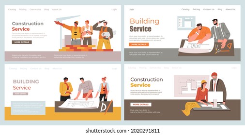 Building and construction service, landing page concept, vector illustration. Cartoon people worker at industry site, professional house building, web banner. Work with architectural schemes.