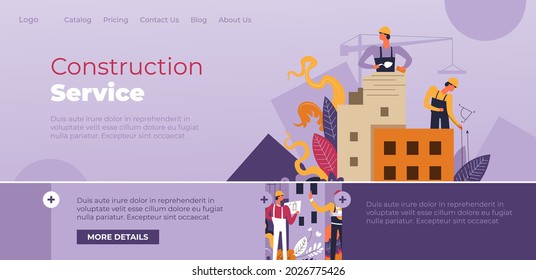 Building and construction service of professional team of builders. Working on project, engineers with house. Apartment or dwelling for clients. Website or webpage template, landing page flat vector