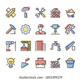 Building and construction simple line isolated colorful icon set collection vector flat graphic design illustration