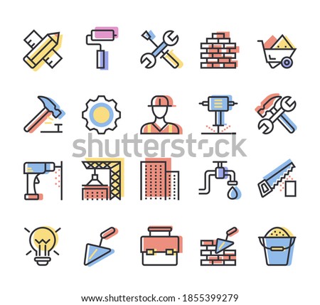 Building and construction simple line isolated colorful icon set collection vector flat graphic design illustration