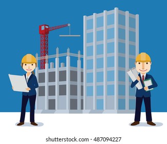 building construction site and architects, cartoon illustration