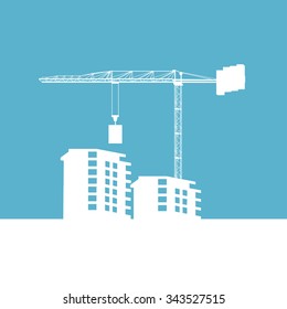 Building construction site and crane white silhouette on the blue background
