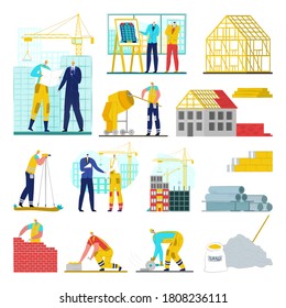Baustelle, Kranich, Arbeiter-Architekten, Ingenieurskunst-Vektorgrafik-Set. Bauprojekte im Haus. Stadtindustrie in den Bereichen Stadtarchitektur, Ausrüstung und Technik.