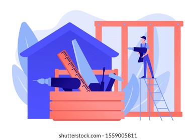 Building construction site. Handyman working. Carpenter services, building maintenance and home renovation, get local carpenters concept. Pinkish coral bluevector isolated illustration