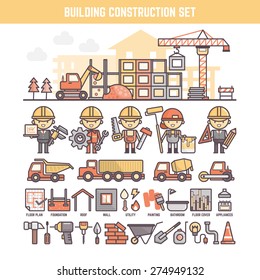 building and construction site infographic elements for kid including character tool and process icons
