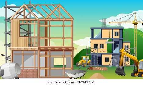 Building construction site scene illustration